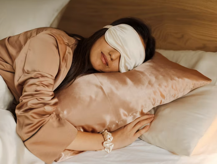 Girl wearing silk sleep mask